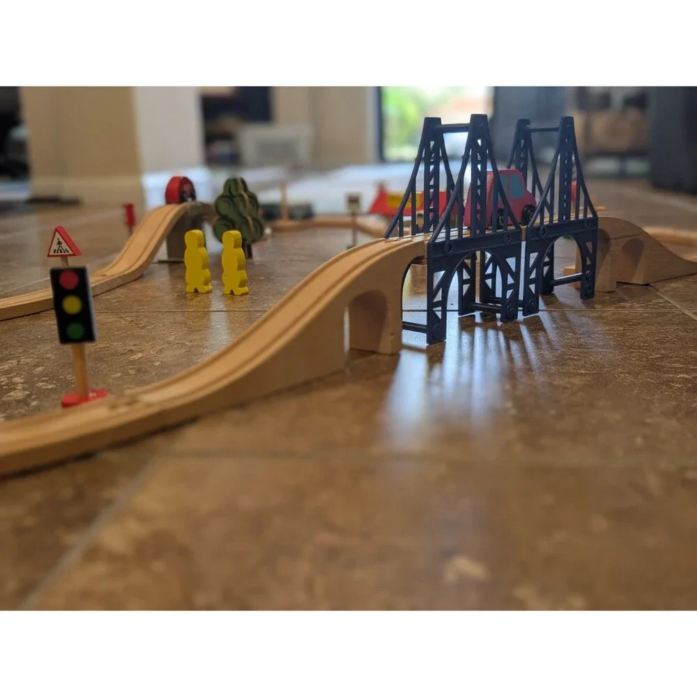 Large Wooden Train Track Set Bridge Station House Signs Accessories 50+ Pieces